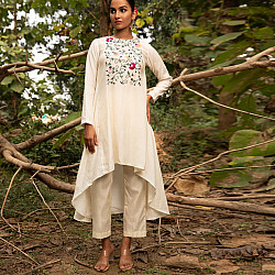 Advaya . अद्वया | Hand Embroidered Chanderi - Tunic Paired with Straight Pant (Set of 2)