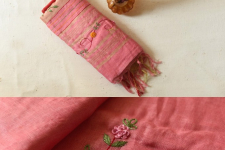 Kopal ✲ Handloom Linen Saree - Hand Embroidered - Light Carrot Red