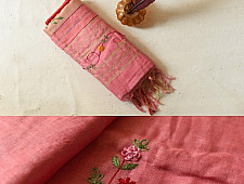 Kopal ✲ Handloom Linen Saree - Hand Embroidered - Light Carrot Red