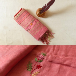 Kopal ✲ Handloom Linen Saree - Hand Embroidered - Light Carrot Red