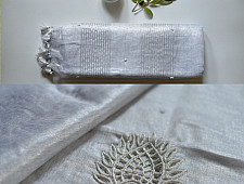 Kopal | Handloom Hand Embroidered White Silver Linen Saree ~ 4