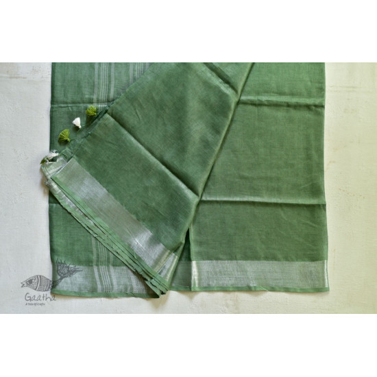 handloom linen saree - grey green color