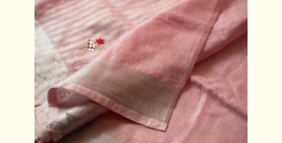 Kopal ✲ Handloom Linen Saree - Hand Embroidered - Light Pink