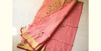 Kopal ✲ Handloom Linen Saree - Hand Embroidered - Light Carrot Red