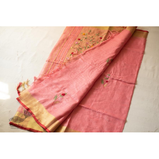 shop Handloom Linen Saree - Hand Embroidered