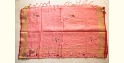 Kopal ✲ Handloom Linen Saree - Hand Embroidered - Light Carrot Red