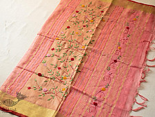 Kopal ✲ Handloom Linen Saree - Hand Embroidered - Light Carrot Red