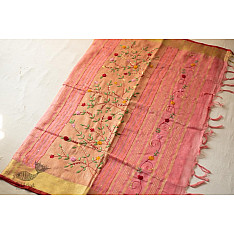 Kopal ✲ Handloom Linen Saree - Hand Embroidered - Light Carrot Red