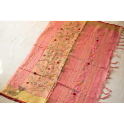 Kopal ✲ Handloom Linen Saree - Hand Embroidered - Light Carrot Red