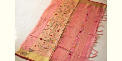 Kopal ✲ Handloom Linen Saree - Hand Embroidered - Light Carrot Red