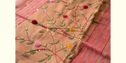 Kopal ✲ Handloom Linen Saree - Hand Embroidered - Light Carrot Red