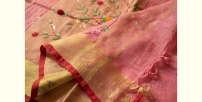 Kopal ✲ Handloom Linen Saree - Hand Embroidered - Light Carrot Red