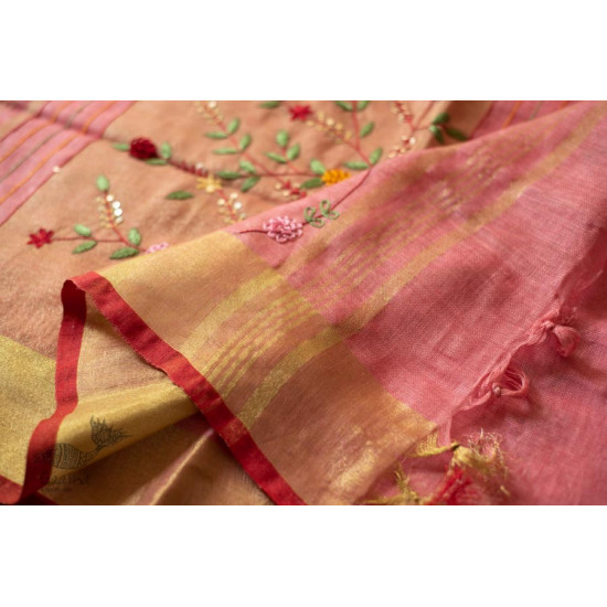 shop Handloom Linen Saree - Hand Embroidered