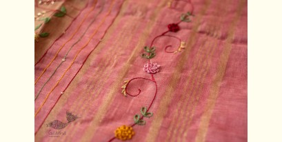 Kopal ✲ Handloom Linen Saree - Hand Embroidered - Light Carrot Red