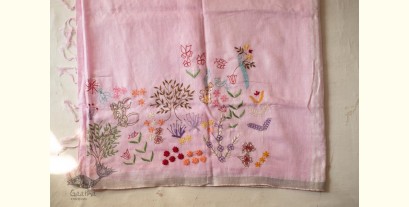 Kopal ✲ Handloom Linen Saree - Hand Embroidered - Baby Pink Color