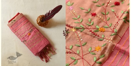 Kopal ✲ Handloom Linen Saree - Hand Embroidered - Light Carrot Red