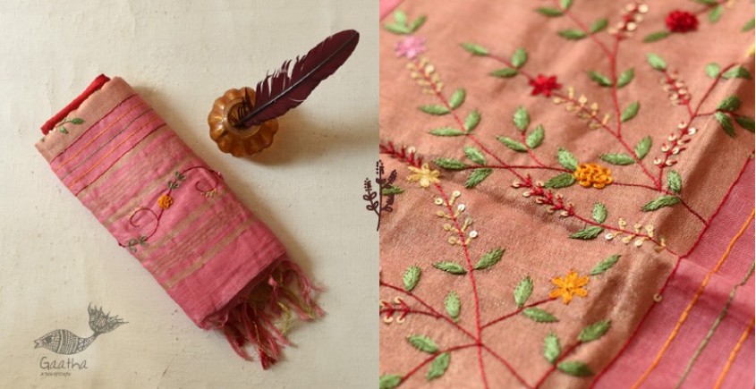 shop Handloom Linen Saree - Hand Embroidered