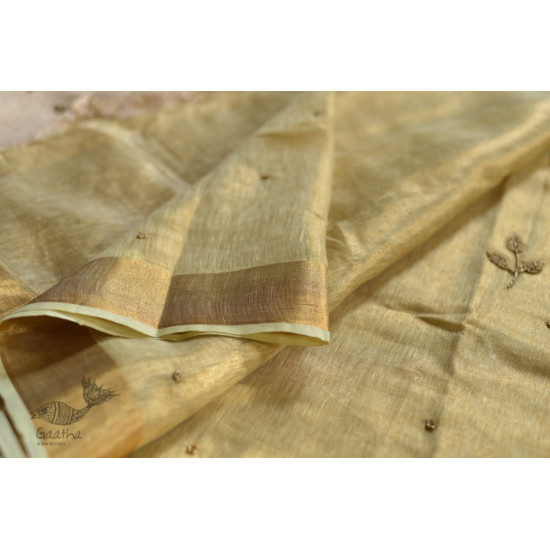 Handloom hand embroidered Linen Saree - pistachio green color