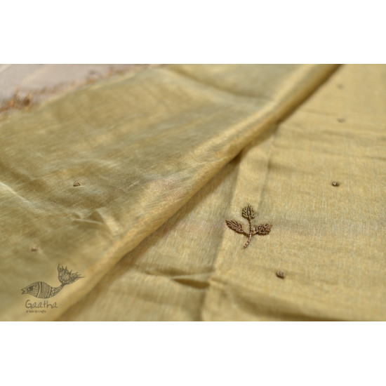 Handloom hand embroidered Linen Saree - pistachio green color