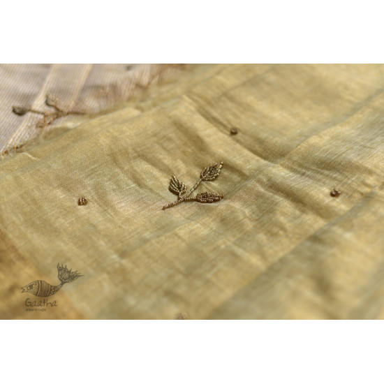 Handloom hand embroidered Linen Saree - pistachio green color