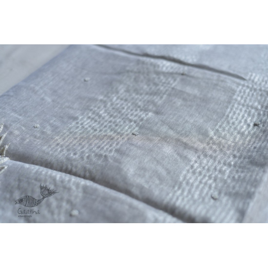  Hand Embroidered White Silver Linen Handloom Saree 