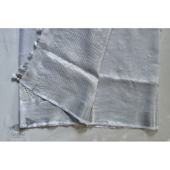  Hand Embroidered White Silver Linen Handloom Saree 