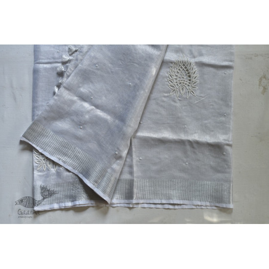  Hand Embroidered White Silver Linen Handloom Saree 