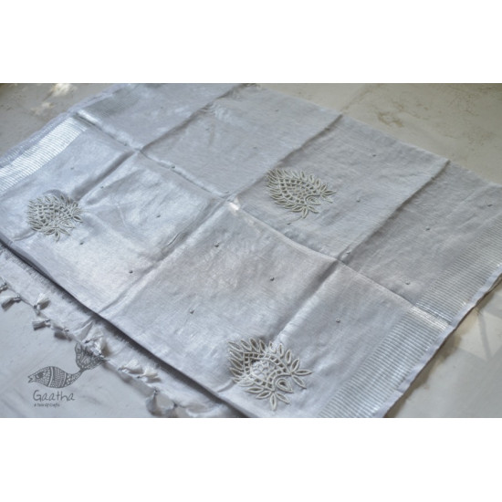  Hand Embroidered White Silver Linen Handloom Saree 