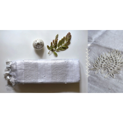 Kopal | Handloom Hand Embroidered White Silver Linen Saree ~ 4