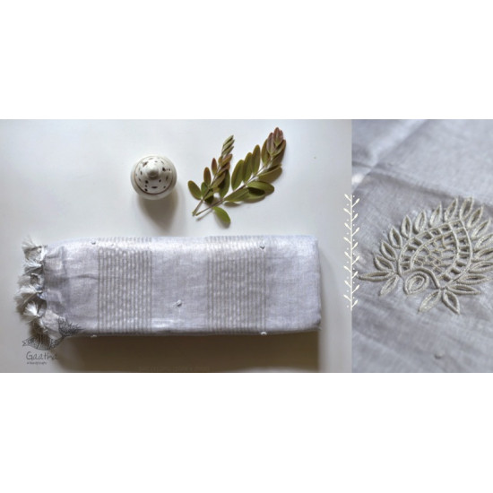  Hand Embroidered White Silver Linen Handloom Saree 