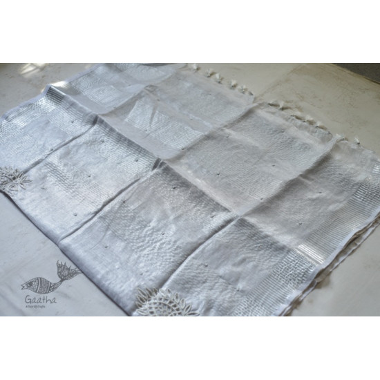  Hand Embroidered White Silver Linen Handloom Saree 