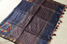 Kopal ✯ Handloom Silk Linen Blue Saree Embroidered