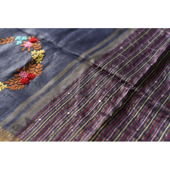 shop Handloom Silk Linen Blue Saree Embroidered