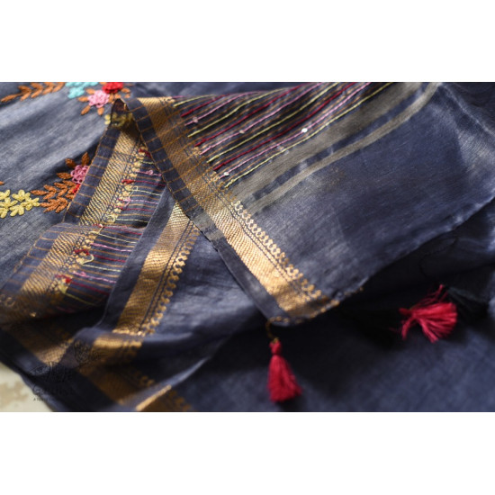 shop Handloom Silk Linen Blue Saree Embroidered