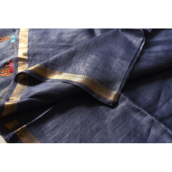 shop Handloom Silk Linen Blue Saree Embroidered