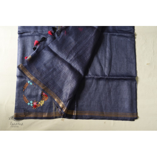 shop Handloom Silk Linen Blue Saree Embroidered