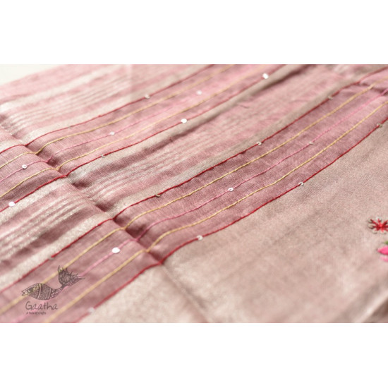 shop Handloom Tissue Linen Light Magenta Saree With Hand Embroidered