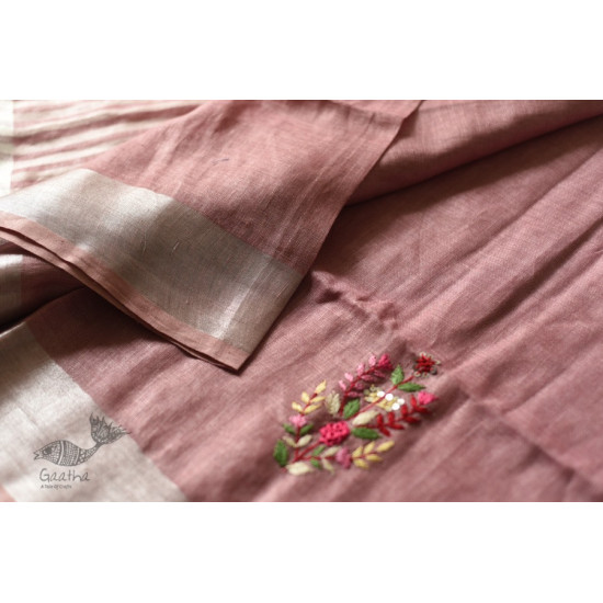 shop Handloom Tissue Linen Light Magenta Saree With Hand Embroidered