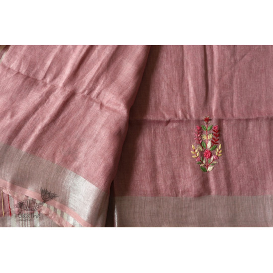 shop Handloom Tissue Linen Light Magenta Saree With Hand Embroidered