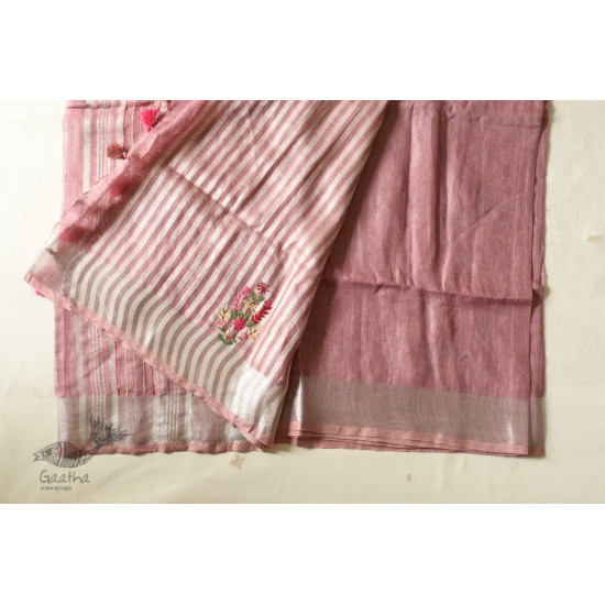 shop Handloom Tissue Linen Light Magenta Saree With Hand Embroidered