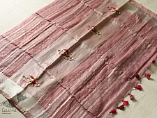 Kopal ✯ Handloom Tissue Linen Light Magenta Saree With Hand Embroidered 