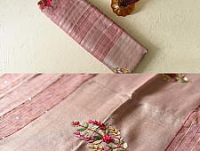 Kopal ✯ Handloom Tissue Linen Light Magenta Saree With Hand Embroidered 