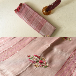 Kopal ✯ Handloom Tissue Linen Light Magenta Saree With Hand Embroidered 