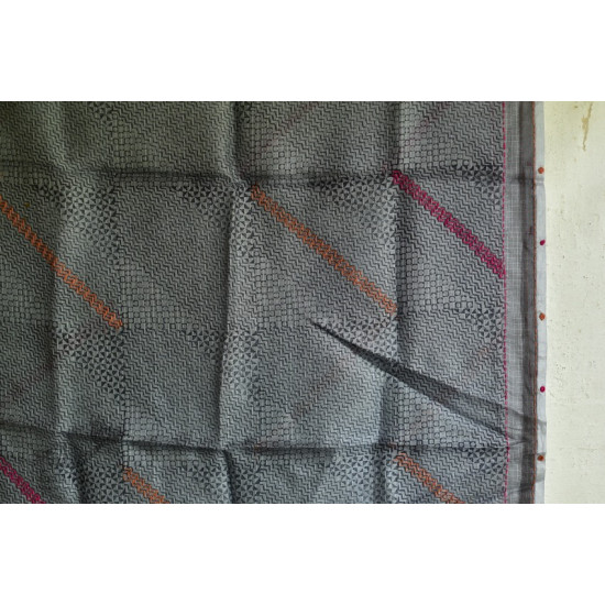 shop grey block printed kota silk embroidered Stole 