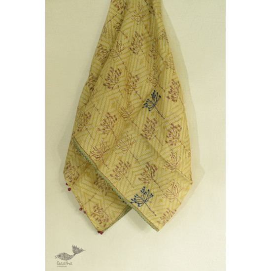 shop Kota Silk Stole Embroidered and Block Printed - Almond Brown