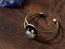 Needle Art ~ Hand Embroidered Jewelry - Swan in a pond bracelet 