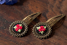 Needle Art ~ Hand Embroidered Jewelry - Red Rose Hair Clip