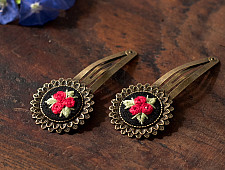 Needle Art ~ Hand Embroidered Jewelry - Red Rose Hair Clip