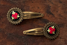 Needle Art ~ Hand Embroidered Jewelry - Red Rose Hair Clip