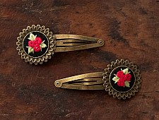 Needle Art ~ Hand Embroidered Jewelry - Red Rose Hair Clip